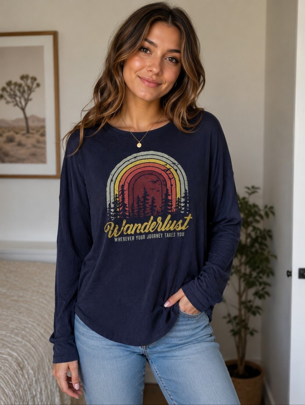 Hem & Thread Wanderlust Navy Rainbow Graphic Long Sleeve Tee Size Small